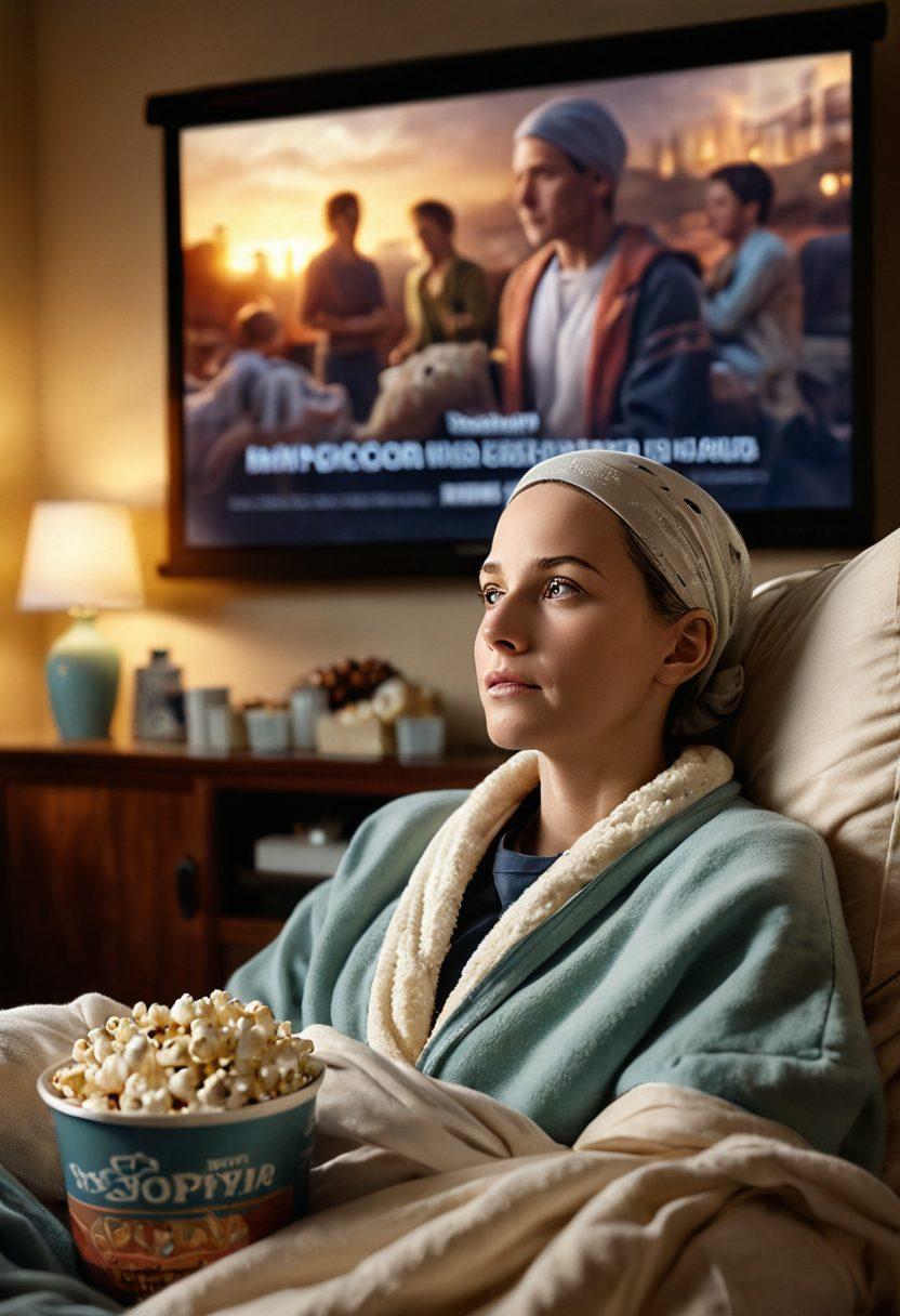 A cinematic scene depicting a cancer patient in a cozy room, gazing at a large movie screen projecting a hopeful film scene. Surrounding them are warm, soft lighting and inspirational movie posters that feature themes of resilience and hope. Include elements like popcorn and a cozy blanket to enhance the comforting atmosphere. The patient's expression should be contemplative yet uplifted. super-realistic. warm colors. soft focus.