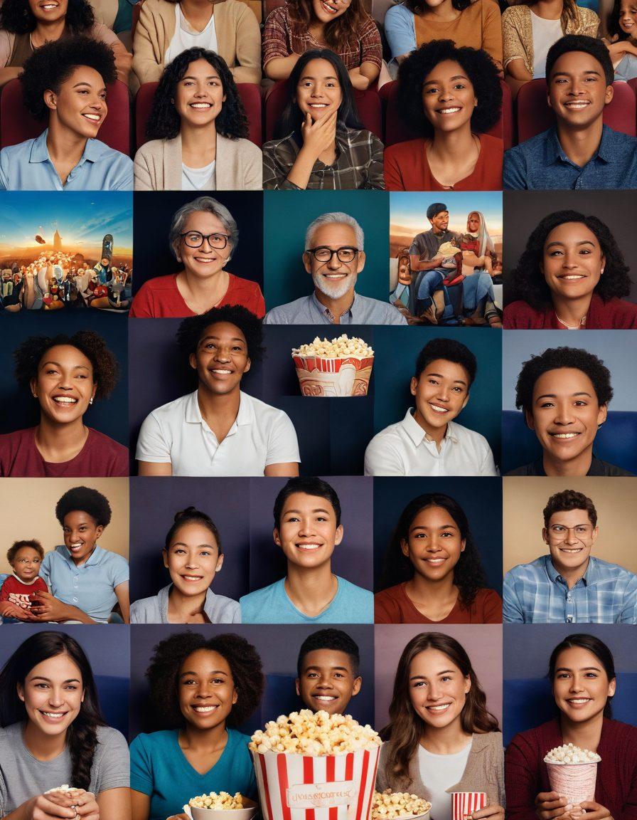 A vibrant collage showcasing diverse patients watching films in a cozy cinema setting, with scenes from impactful movies projected on the screen that symbolize hope, resilience, and awareness. Include elements like popcorn, tissues, and warm lighting to convey a sense of comfort and community. The audience features various ages and ethnicities, each engaged and emotional. super-realistic. vibrant colors. cinematic style.
