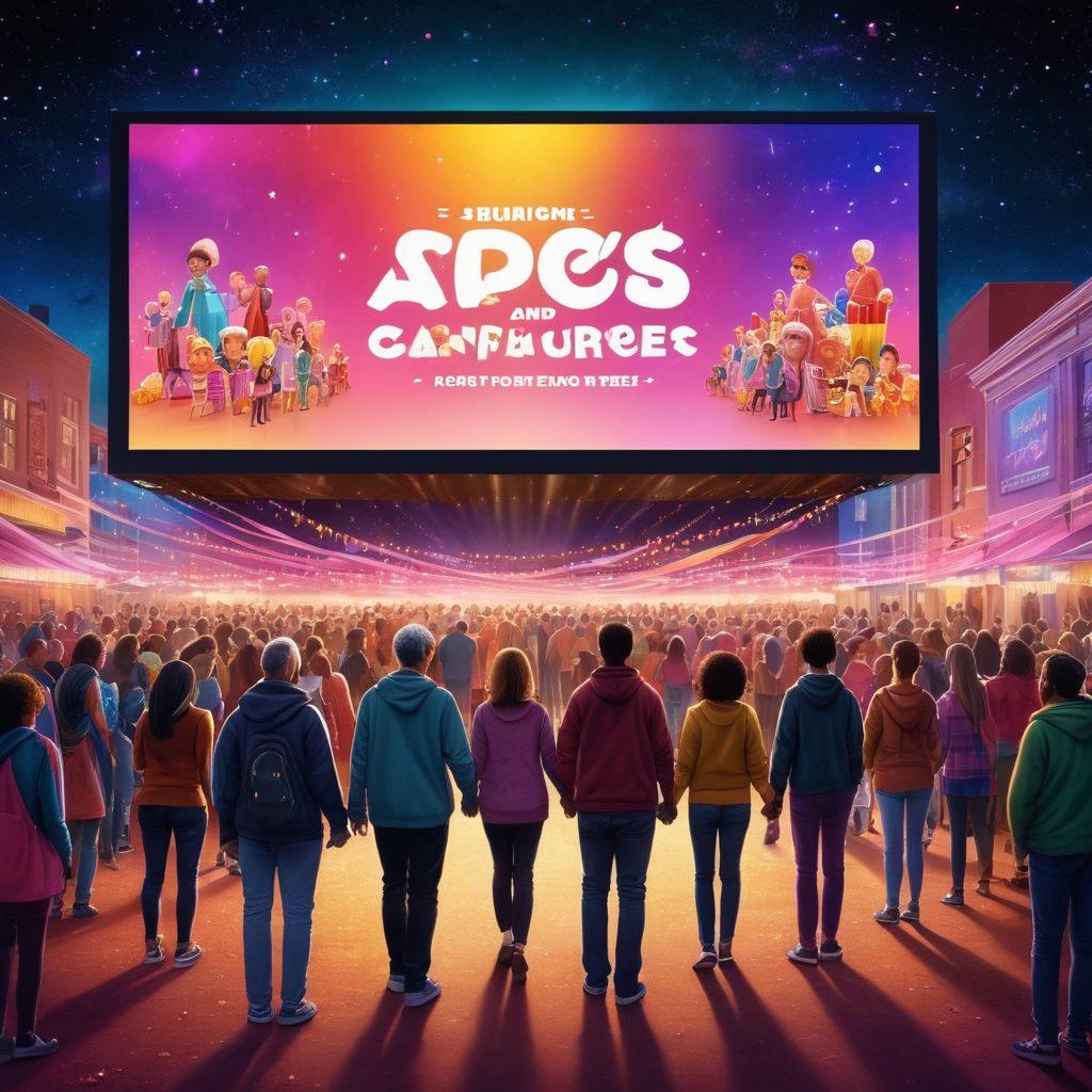 A vibrant cinema scene with a large movie screen displaying a hopeful film about cancer survivorship. In the foreground, diverse individuals of different ages and backgrounds hold hands, showcasing unity and support. Colorful ribbons representing various cancers float around them, symbolizing awareness. The setting has bright lights and a popcorn stand in the background. The atmosphere is filled with warmth and inspiration. super-realistic. vibrant colors. cinematic style.